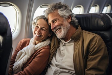 Cheerful mature couple sitting on plane