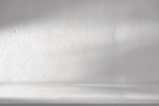 White Wall Studio Background.Empty Grey Room Background with Light, Leaves Shadow on Table Top Surface Texture,Backdrop Mockup Display Podium Design for displaying product present of Cosmetic Banner