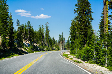 Travelling on a winding road through the evergreen forests of Lassen Volcanic National Park, Shasta County, California - obrazy, fototapety, plakaty