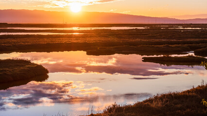 Sunset views of the tidal marshes of Alviso with colorful clouds reflected on the calm water surface, Don Edwards San Francisco Bay National Wildlife Refuge, San Jose, California - obrazy, fototapety, plakaty