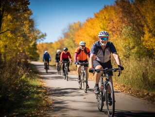 A group of elderly cyclists in colorful gear ride against a fall landscape.