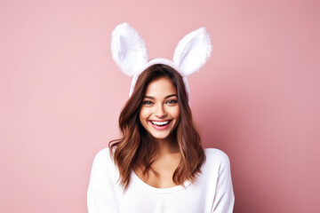 Beautiful bute young student woman girl with cute bunny rabbit ears on studio pink brown background. Empty space place for text, copy paste, horizontal banner