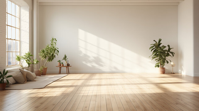 Background with simple white walls and plant, Empty room with window. generative ai