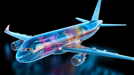 transparent  world map glob inside colorful airplane flying, A colorful airplane is on a black surface with the reflection of a plane on the ground. generative ai - obrazy, fototapety, plakaty