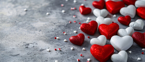 Valentine's Day red and white hearts on gray background with copy space