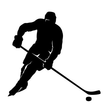 Skating ice hockey player with stick and puck black silhouette isolated on white. Realistic shape in stencil style. Vector picture for professional competition illustration, sport design, engraving.