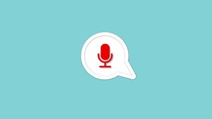 Microphone icon inside a speech bubble on a teal background.