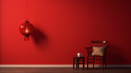 Empty red wall with lantern and wood chair 