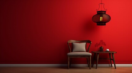 Empty red wall with lantern and wood chair 