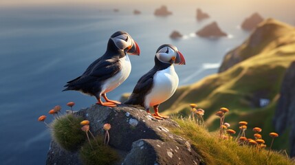 Two charming puffins perched on a cliff edge, their distinctive orange beaks and striking markings making them stand out against the rugged coastal landscape.