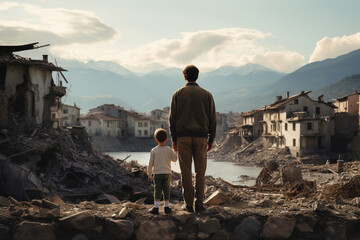 Family members people father and son looking at ruins of bombed destroyed house building due to war...