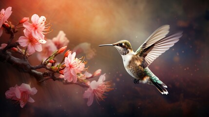 Two playful hummingbirds in mid-flight, their tiny wings a blur of motion as they hover near a cluster of blooming flowers.