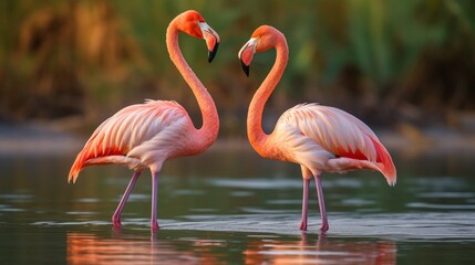Two regal flamingos standing gracefully in shallow water, their slender necks forming an elegant curve as they survey their aquatic domain.