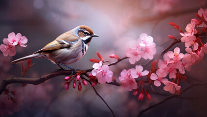 Spring Bird on Cherry Blossom Branch

