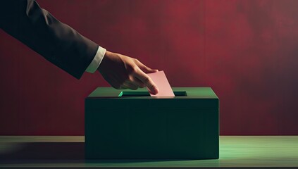 A hand casting a vote into the ballot box on election day, embodying the concept of democracy. - obrazy, fototapety, plakaty