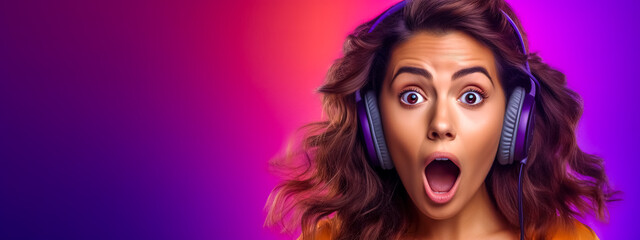 woman with headphones, her expression one of intense surprise or excitement, set against a vibrant gradient background
