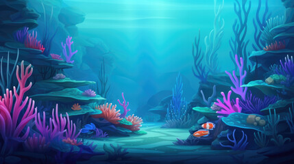 Underwater sea bottom, coral reefs landscape illustration in cartoon style. Scenery background