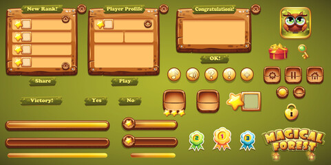 Set wooden buttons, progress bars, bars objects, boosters