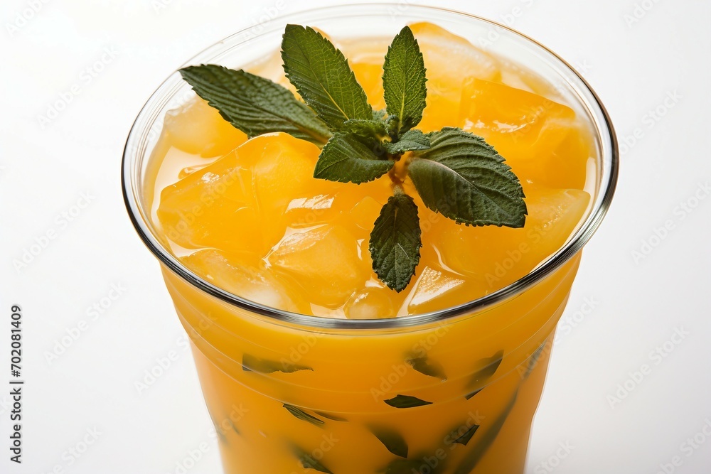 Wall mural a glass of orange drink with ice and mint leaves