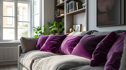 Sofa with violet pillows against window near wall with poster and bookcases, scandinavian home interior design of modern living room