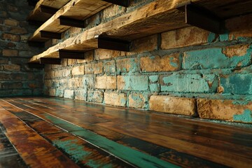 Obraz premium a wood shelf on a brick wall