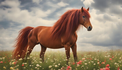 Red horse with long mane in flower field