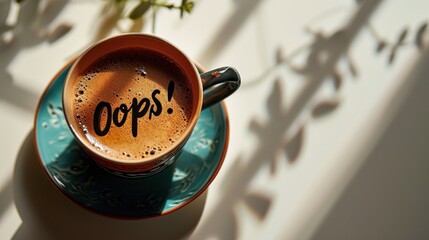 A mug with 'Oops' written on it casts a playful shadow on a sunny table, alongside a vibrant coffee spill.