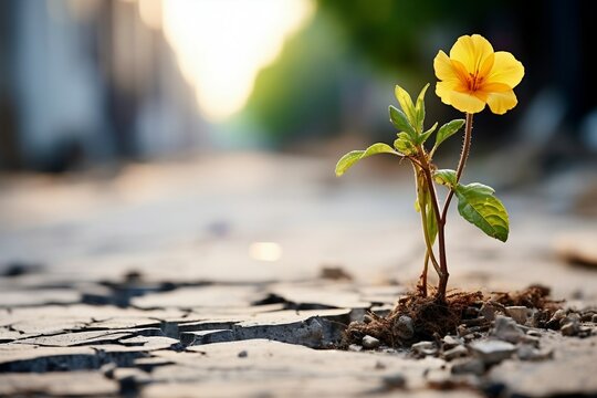 a yellow flower growing out of a cracked road