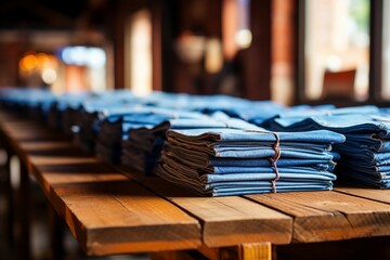 a stack of folded blue jeans on a wooden table - Powered by Adobe