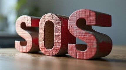 SOS letters standing boldly on a wooden surface, evoking a sense of urgency or a distress signal.