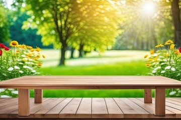 Naklejka premium Tranquil bench in a vibrant, green garden with colorful flowers.