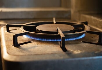 Obraz premium The gas burner on the dirty stove is on. Fire from a gas burner. blue flame from the gas stove comcorder. Dirty stove.