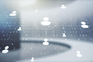 Double exposure of social network icons hologram on empty room interior background. Networking...