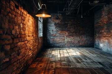 a room with brick walls and a light bulb