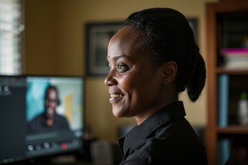 a woman smiling in front of a computer