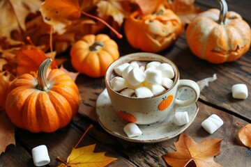 a cup of hot chocolate with marshmallows and pumpkins