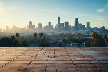 a wooden floor with a city skyline in the background