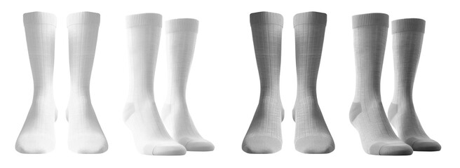 2 Set of white and light grey gray, front side view blank plain socks on transparent background,...