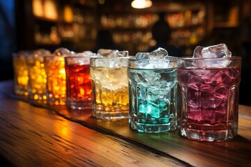 a row of colorful drinks on a table