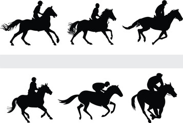 Horse Racing Competition icons. Jockeys on horses galloping on the racetrack. Editable vector silhouettes of riders. Horse race competition and tournament poster or banner idea. eps 10. - obrazy, fototapety, plakaty