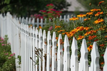 Fototapeta premium a white picket fence with orange flowers