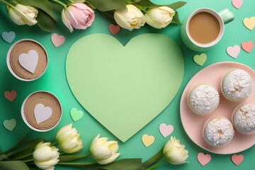Show your love on Mother's Day with a beautiful top view flat lay of cupcakes, presents, coffee cup, and tulips on a pastel green background with an empty heart for your message, Generative AI