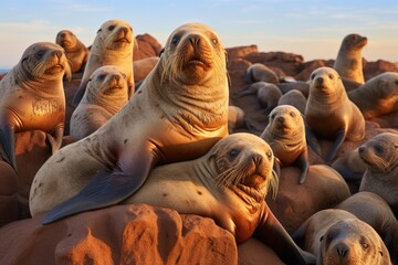 Large group of Cape fur seals, Arctocephalus pusillus, on rocks in soft warm light. - Powered by Adobe