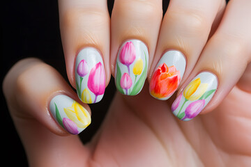 Close up of woman's fingernails with spring themed nail polish with tulip flower art deisgn in front of black background - obrazy, fototapety, plakaty