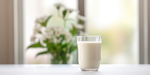 A glass glass with milk stands on a marble table with a bouquet of flowers. World Milk Day - obrazy, fototapety, plakaty