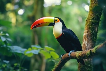 Toucan sits on a branch in the forest, green vegetation