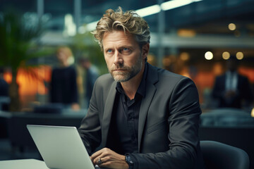 Obraz premium An aged man is working with a laptop in a public place