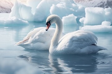 White swans rest on a floating ice floe