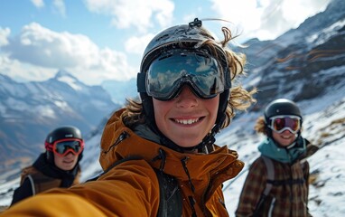 Fototapeta na wymiar boy skier with friends with Ski goggles and Ski helmet on the snow mountain