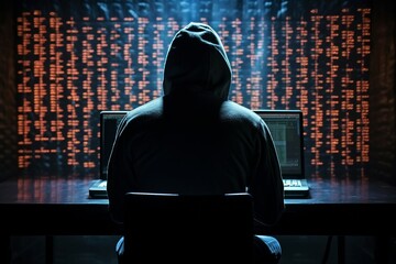 a person in a hoodie sitting at a desk with two laptops